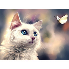 Broderie Diamant - chat blanc papillon