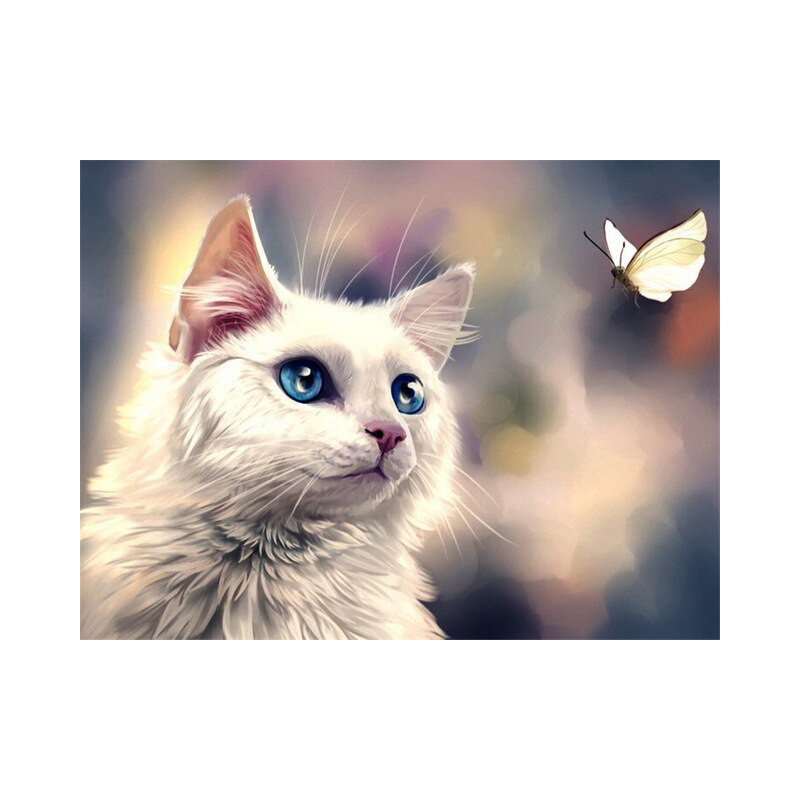Broderie Diamant chat blanc papillon