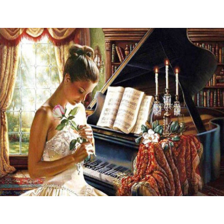 Broderie Diamant - Piano Avec Femme Et Rose