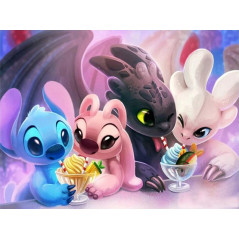 Broderie diamant représentant Stitch, Angel, Puffie et un personnage rose lors d'un goûter Disney déjanté